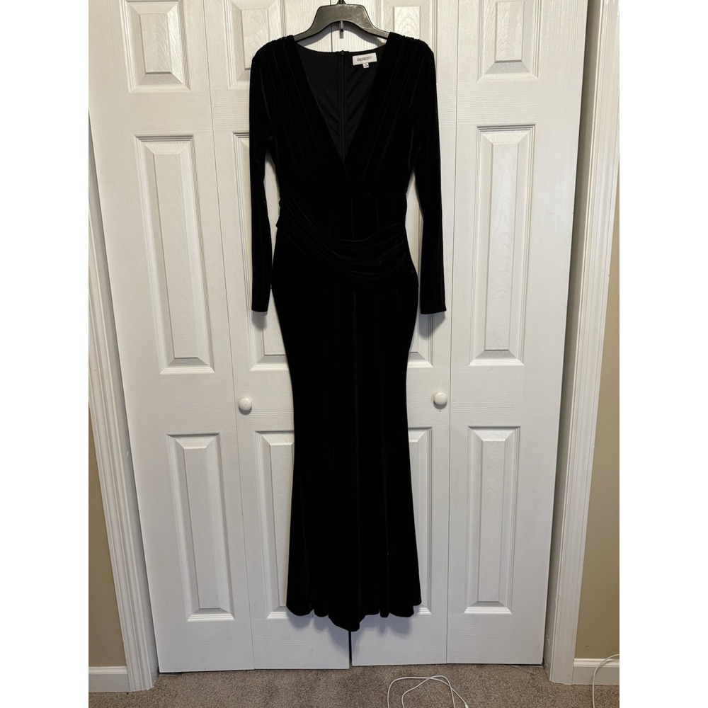 Faeriesty Black Velvet Maxi Dress V-Neck Long Sleeve L Fairy Goth Vampire Witch